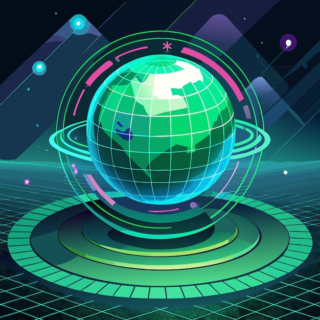 Vector futuristic green globe with neon rings and grid pattern background