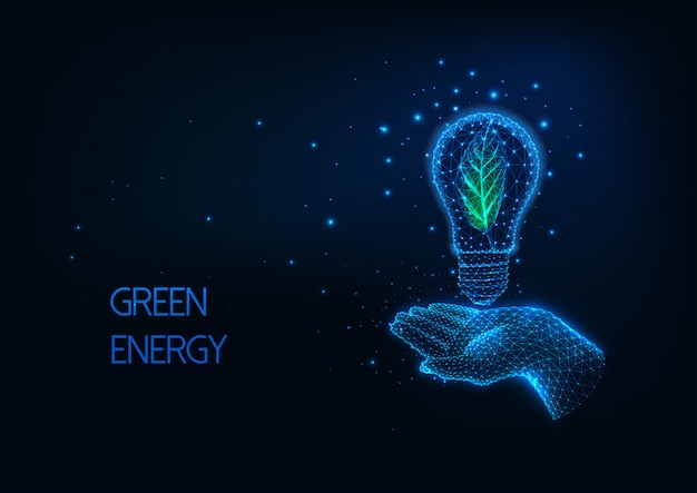 Futuristic green, renewable energy concept with glowing low polygonal hand holding light bulb