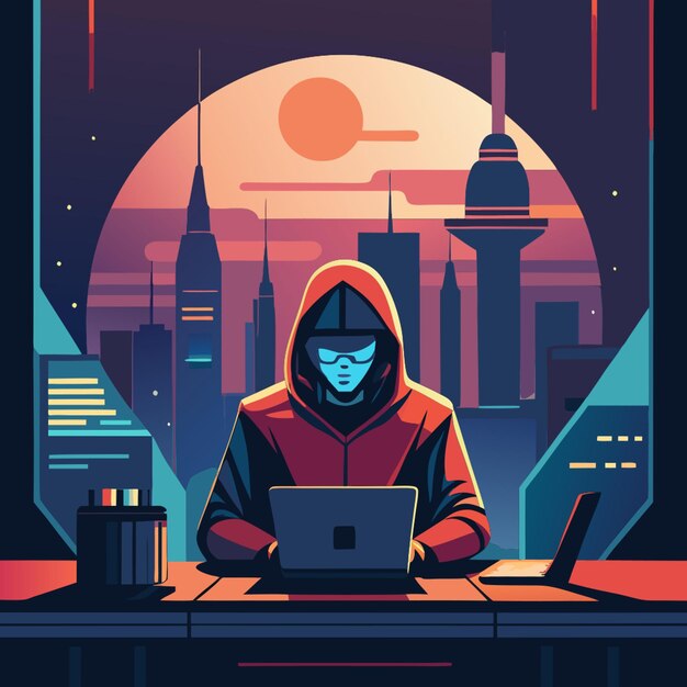 Vector futuristic hacker in work vector illustration flat 2