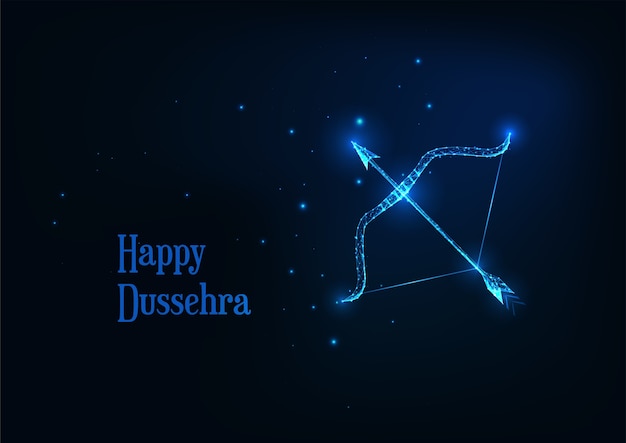 Futuristic Happy Dussehra banner with glowing low polygonal on arrow and bow dark blue background.