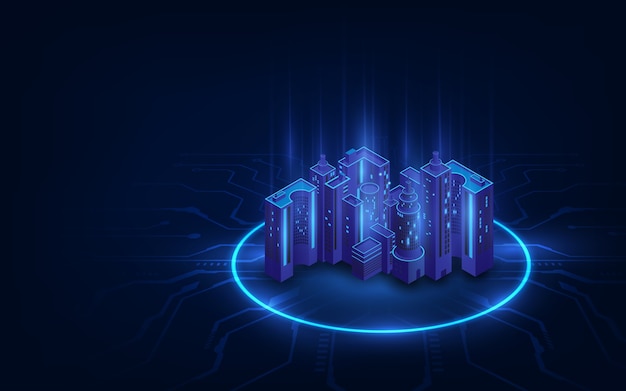 Futuristic infrastructure of a smart night city. Residential urban buildings for isometric innovation flat design. Smart city