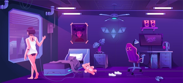 Futuristic interior gaming bedroom concept art