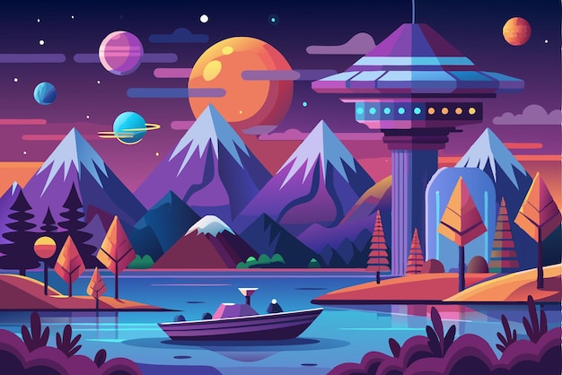 Futuristic Landscape with a Boat Mountains and a Spacecraft