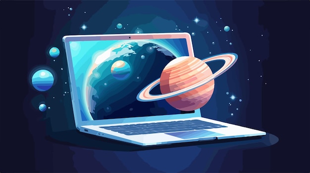 Vector futuristic laptop computer with planet cartoon vector illustration