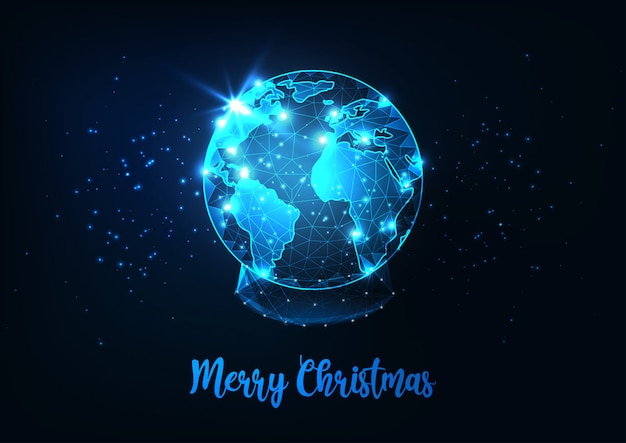 Vector futuristic merry christmas greeting card with low polygonal snow globe with planet earth world map.