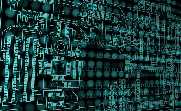 Futuristic microchip processor with lights on the blue background Quantum computer large data