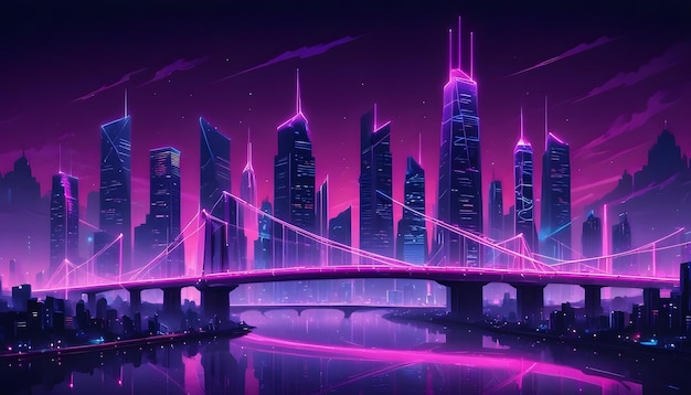 Vector futuristic neon cityscape with bridge