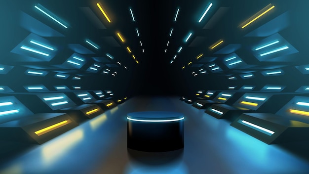 Futuristic neon corridor podium template