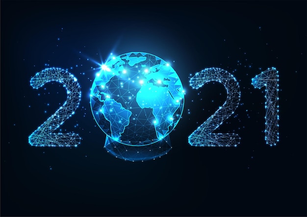 Futuristic New Year digital web banner template with glowing low polygonal 2021 number and planet earth snow globe on dark blue background. Modern wire frame mesh design .