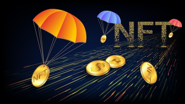 Futuristic NFT non fungible token airdrop concept with receding perspective on the digital road and golden coins of Bitcoin NFT and Dollars with parachutes