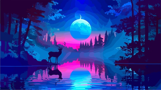 Futuristic Night Landscape with Abstract Forest Lands