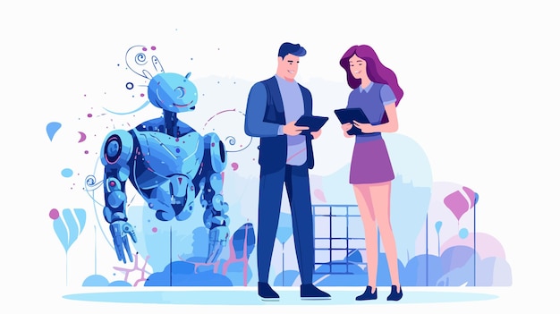 Vector futuristic people embracing artificial intelligence technology in modern society