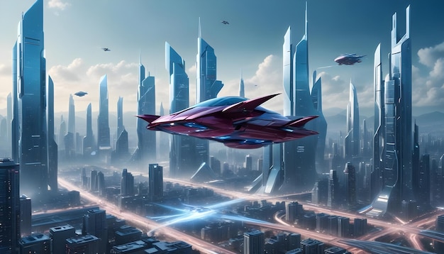 A futuristic red flying car soars over a sprawling metropolis with sleek skyscrapers reaching for the sky