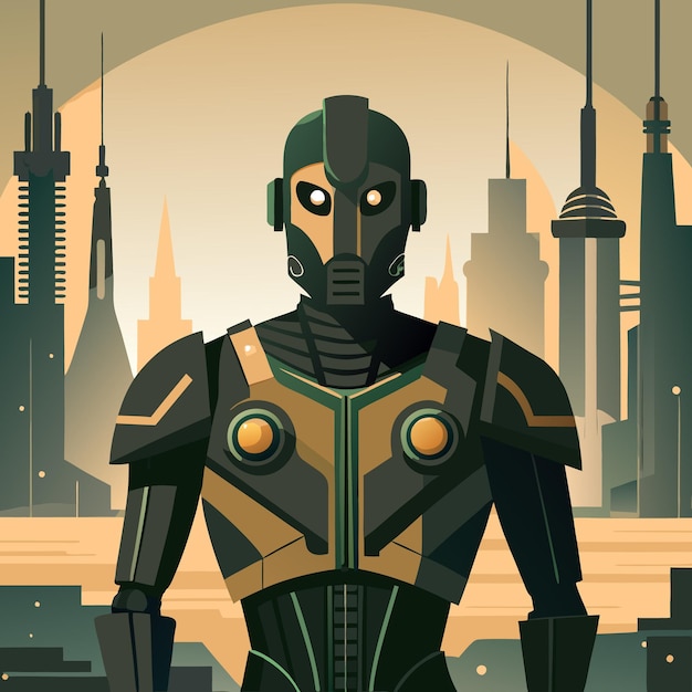 A futuristic robot stands in front of a city skyline