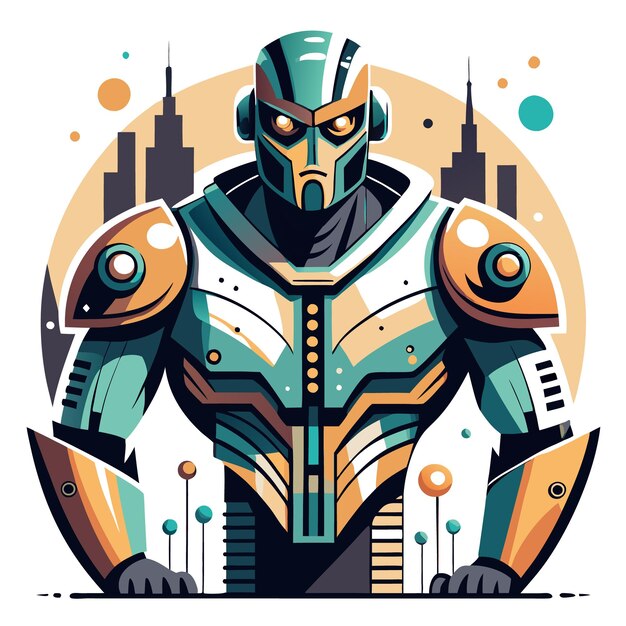 A futuristic robot with a serious expression wearing a green and gold armor in front of a city skyline