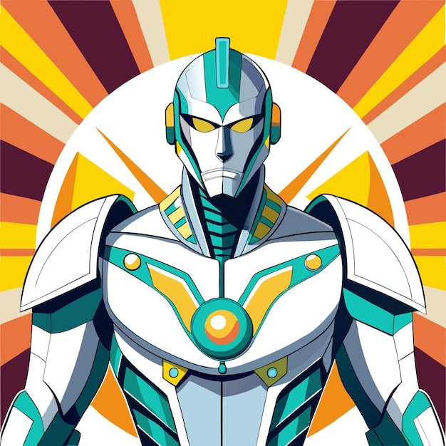 A futuristic robot with white and green armor stands in front of a retro sunburst background