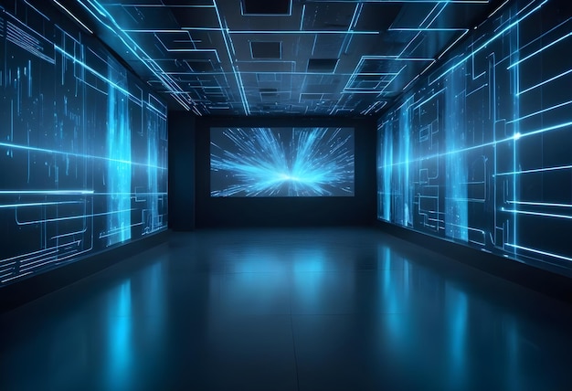 Vector a futuristic room with a large screen displaying a digital explosion of light the walls are covered with glowing blue lines resembling a circuit board or a network the room has a reflective floor