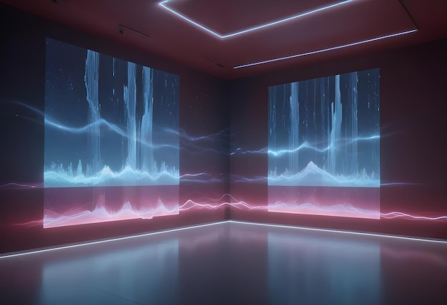 Vector a futuristic room with a minimalist design featuring two screens displaying blue digital patterns the walls and floor are illuminated by red neon lights creating a dynamic and modern atmosphere