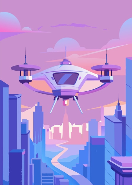 Vector futuristic roto passenger drone flying in the sky over city for future air transportation and