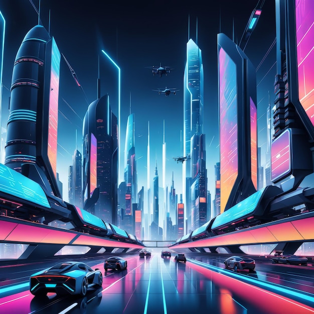 Vector futuristic sci fi spaceship with future city and neon lights 3d illustration