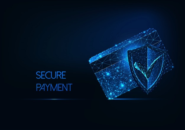 Futuristic secure payment concept with glow low polygonal credit card, protection approval shield.