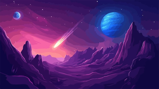 Vector futuristic space landscape with comet and planet