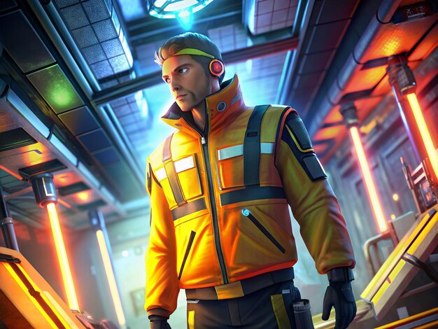 Vector futuristic spacesuitclad man exploring a brightly lit tunnel in a scifi environment