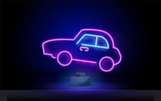 Vector futuristic sport car icon in neon style neon concept glowing electric virtual control traffic on a road vector illustration side view