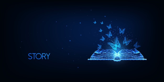 Futuristic story telling, literature reading concept with glowing low polygonal open book and flying butterflies isolated on dark blue background. Modern wire frame mesh  .