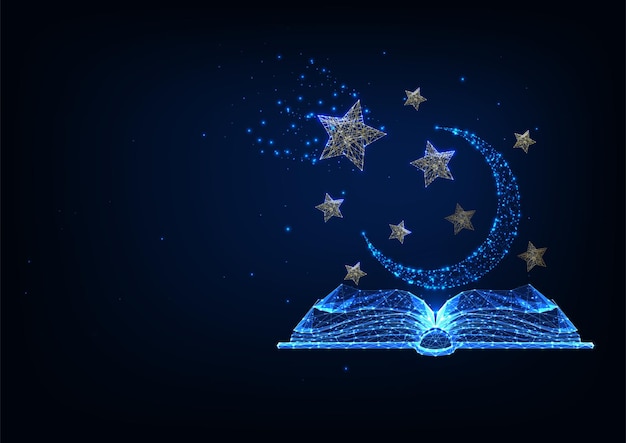 Futuristic storytelling, mystery stories concept with glowing low polygonal open book, stars and moon isolated on dark blue background.