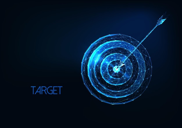 Futuristic success goal concept with glowing low polygonal target and arrow