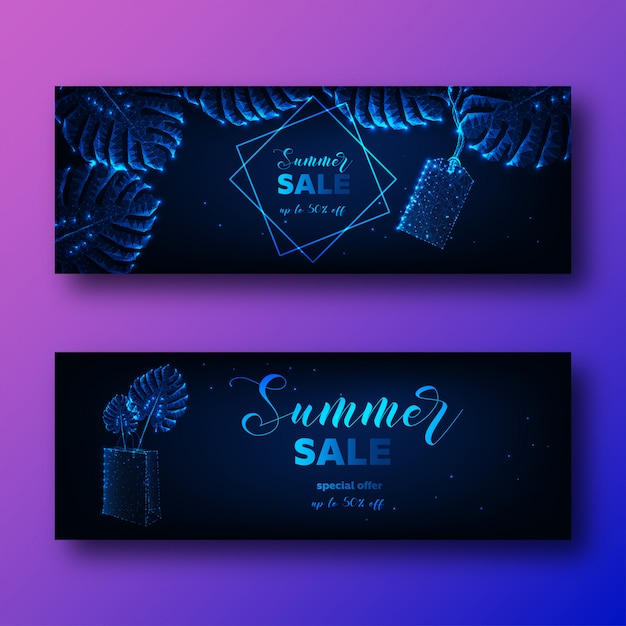 Futuristic Summer sale banners set with glowing low poly monstera leaves, price tag and shopping bag