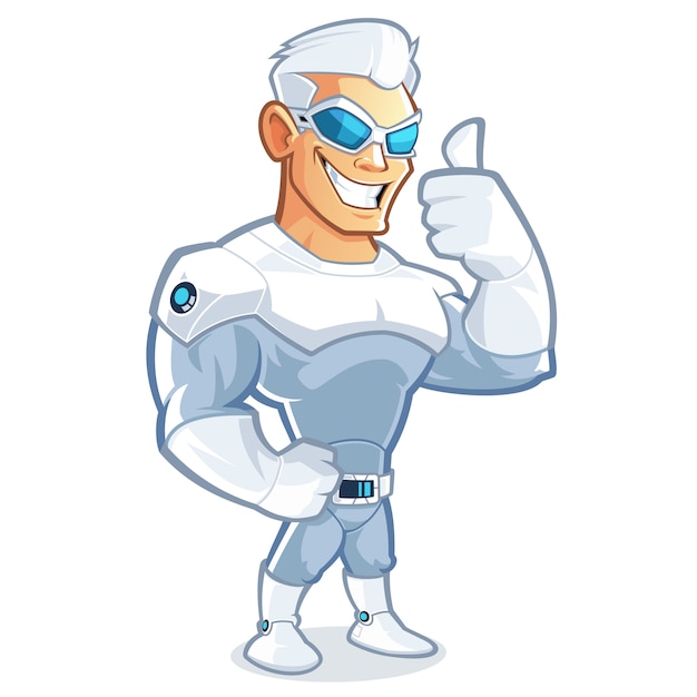 futuristic superhero with sunglasses cartoon character showing thumb up sign