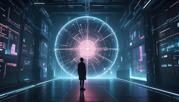 Vector a futuristic technological room with a glowing portal a person standing in the center and screens displaying digital information