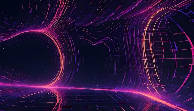 Vector a futuristic tunnel with a dark swirling vortex at the center surrounded by glowing purple and orange lines creating a sense of speed movement and mystery