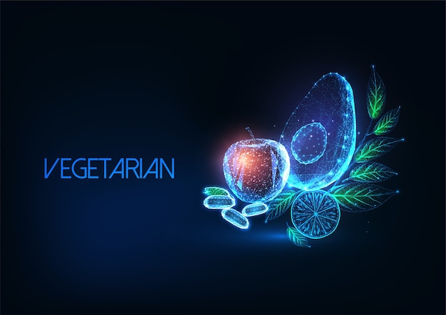 Futuristic vegetarian or vegan diet concept with glowing low polygonal avocado, apple, lemon, beans and greens on dark blue background. Modern wireframe mesh  .