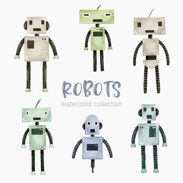 Futuristic Watercolor cartoon humanoid Robot set for stickers and emoji avatars