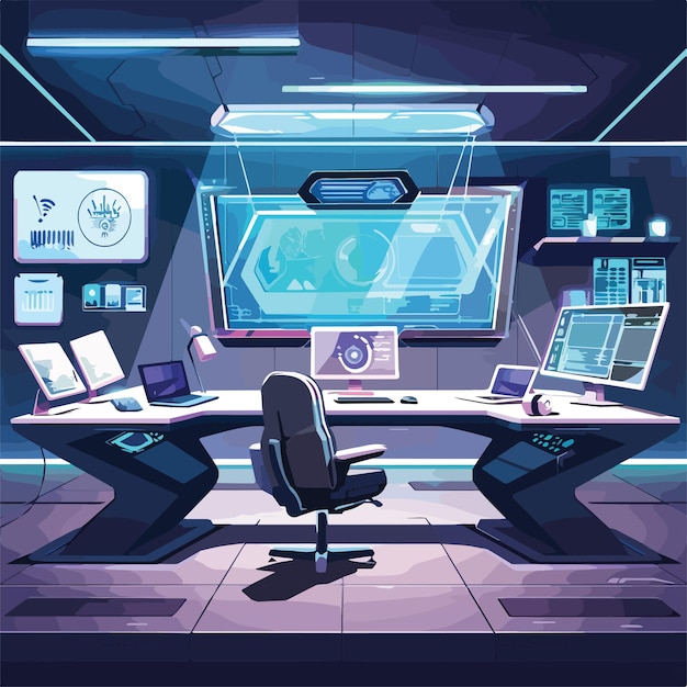 Vector futuristic workplace office interior computers monitors technology workspace empty nobody background digital art illustration