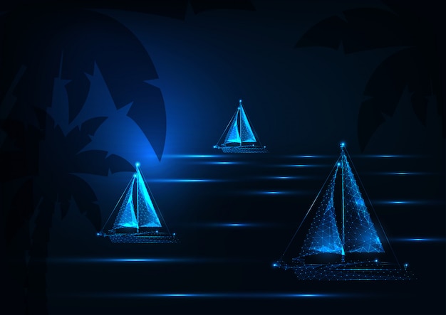 Futuristic yachting regatta concept with glowing low polygonal sailing boats competition in night tropical sea landscape on dark blue background.