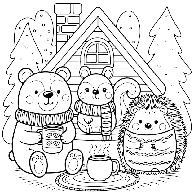 Vector fuzzy hygge cute and cozy coloring pages adorable animals characters fuzzy friends coloring book