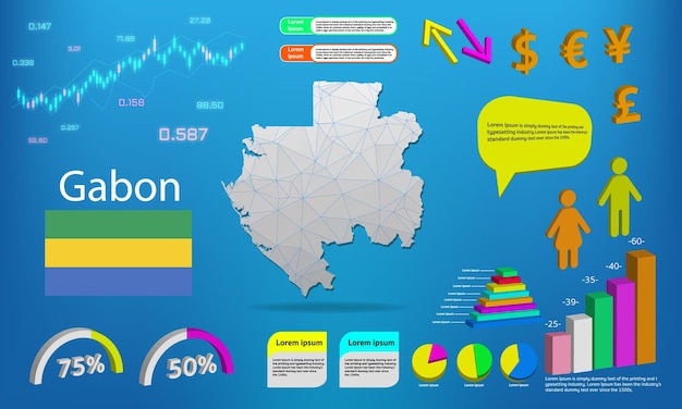 Gabon map info graphics charts symbols elements and icons collection Detailed gabon map with High quality business infographic elements