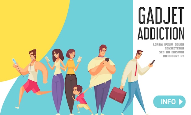 Gadget addiction banner with people looking in their smartphones walking with kids going to office running in park banner