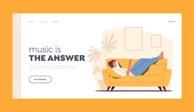 Gadget Communication Landing Page Template. Male Character in Headphones Lying at Home on Sofa Looking on Screen of Smartphone Listen Music on Mobile Phone in Internet. Cartoon Vector Illustration