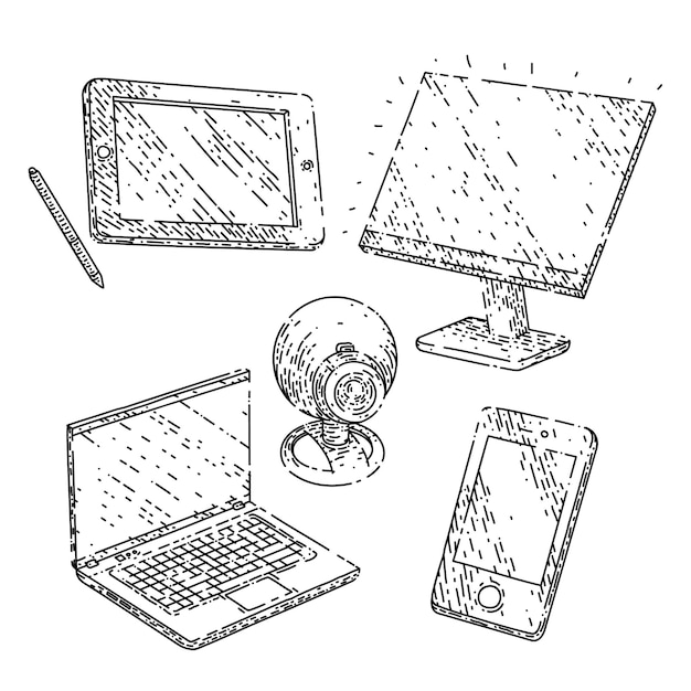 Gadget technology set sketch hand drawn vector