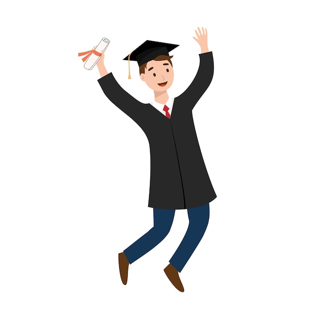 Gaduation ceremony concept Joyful student boy with a diploma Jumping for joy graduated from university college or school Vector illustration in flat style