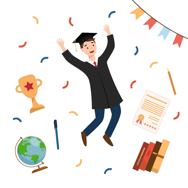 Gaduation ceremony concept Joyful student with a diploma a diploma a cup books a globe Jumping for joy graduated from university college or school Vector illustration in flat style