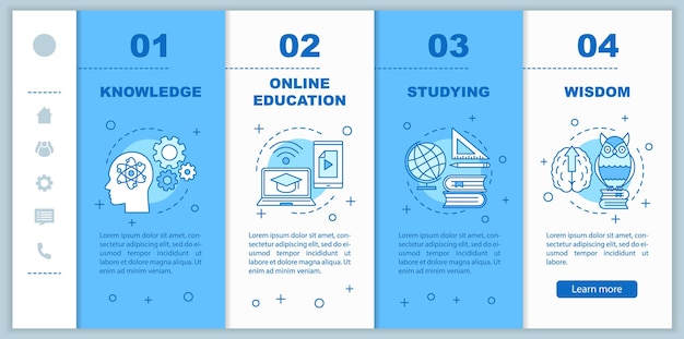 Gaining knowledge onboarding mobile web pages vector template Gaining knowledge Responsive smartphone website interface with linear illustrations Webpage walkthrough step screens Color concept