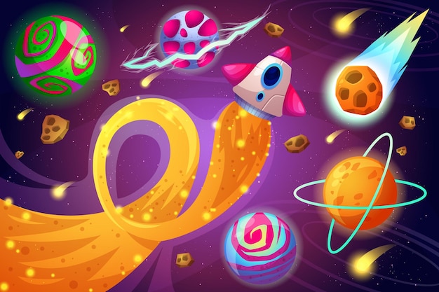 Galaxy background with colorful planets rocket and star template