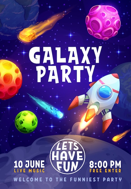 Galaxy party flyer cartoon space rocket universe