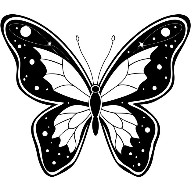 Vector galaxy shaped butterfly illustration in black and white high detail maximalist design on white back